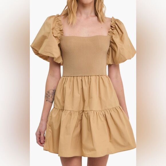 Endless Rose Mixed Media Puff Sleeve Tiered Mini Dress Tan S NWT - Picture 1 of 13